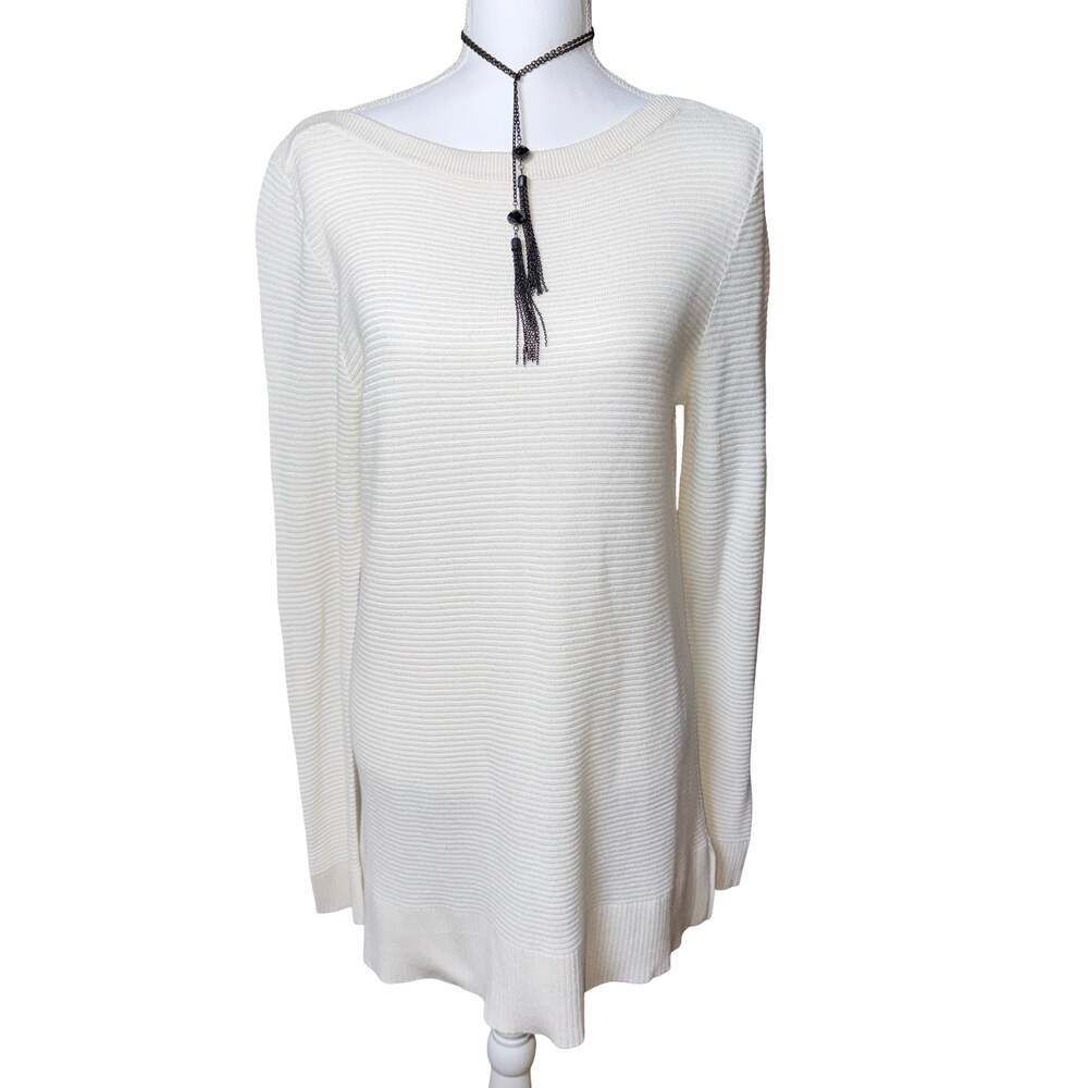 Ann Taylor Factory White Ribbed Knit Long Sleeve Sweater Size L